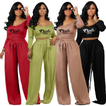 Casual Printed Knitted Tie Wide-leg Women's Two-piece Set