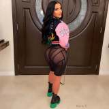 Varsity Print Baseball Jacket Letterman Women Crop Streetwear Racing Bomber Coat