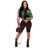 Varsity Print Baseball Jacket Letterman Women Crop Streetwear Racing Bomber Coat