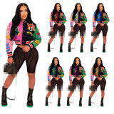 Varsity Print Baseball Jacket Letterman Women Crop Streetwear Racing Bomber Coat