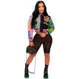 Varsity Print Baseball Jacket Letterman Women Crop Streetwear Racing Bomber Coat