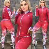 Casual High Neck Zipper Printed Two Piece Set Women Clothing Autumn 2023