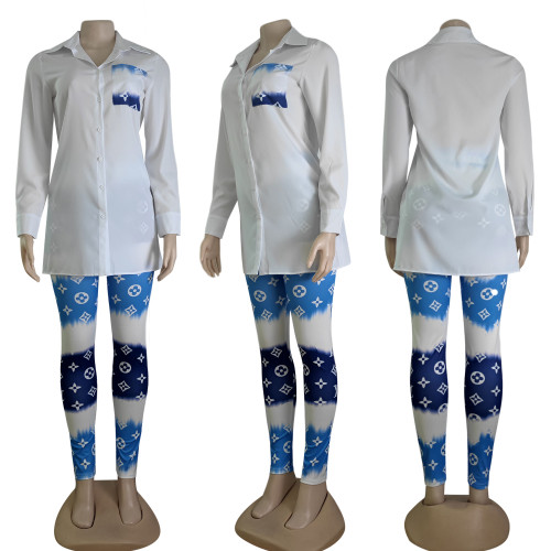 Autumn Fashion Print Long Sleeve Stitching Shirt Trousers with Pocket