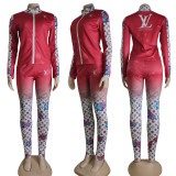 Casual High Neck Zipper Printed Two Piece Set Women Clothing Autumn 2023