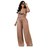 Casual Printed Knitted Tie Wide-leg Women's Two-piece Set
