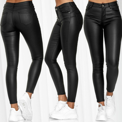 High-Waisted Monochromatic Leather Casual Pants with Skinny Legs