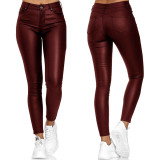 High-Waisted Monochromatic Leather Casual Pants with Skinny Legs