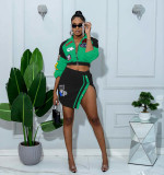 Printed Long Sleeve Jacket with Buttoned Mini Skirt Autumn/Winter Two-Piece Set
