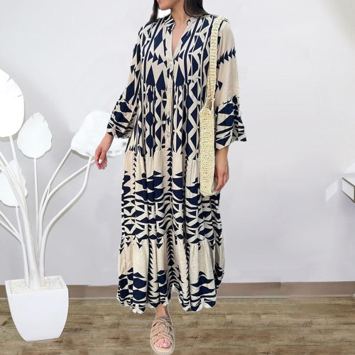 Women's Shirt Dress Casual V Neck Printing Long Sleeve Printing Maxi Long Dress Daily Street