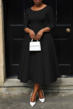 Spring/Summer Solid Color U Neck Swing Dress with Pocket
