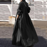 Women Turn-down Collar Long Sleeve Loose Plain Maxi Dresses