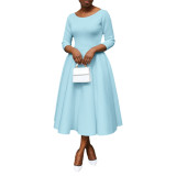 Spring/Summer Solid Color U Neck Swing Dress with Pocket