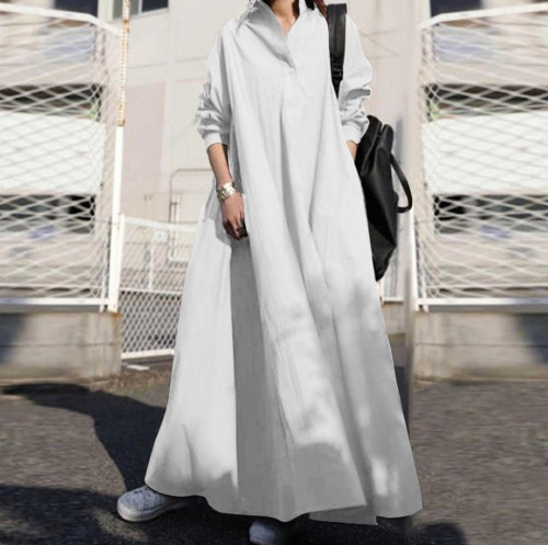 Women Turn-down Collar Long Sleeve Loose Plain Maxi Dresses