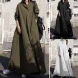 Women Turn-down Collar Long Sleeve Loose Plain Maxi Dresses