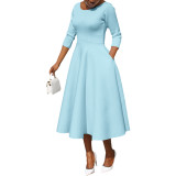 Spring/Summer Solid Color U Neck Swing Dress with Pocket
