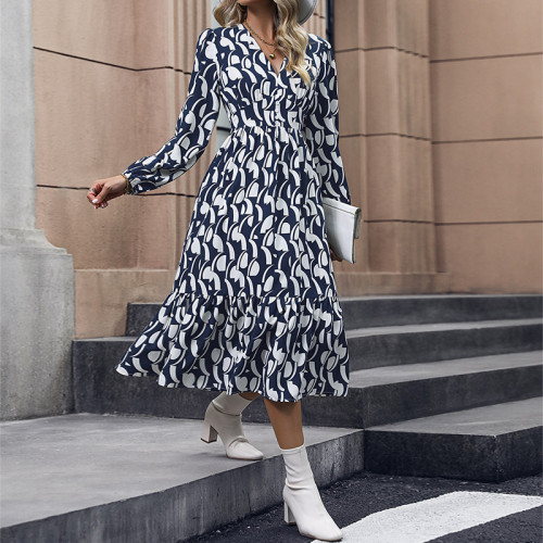 Casual Long Sleeve V Neck Printed Midi Dresses