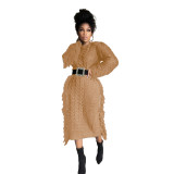 Winter Solid Color Long Sleeve Fringed Sweater Dress