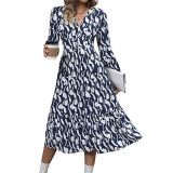 Casual Long Sleeve V Neck Printed Midi Dresses