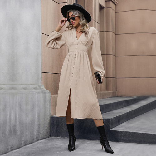 Solid Color Long Sleeve Slit Midi Dresses
