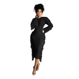 Winter Solid Color Long Sleeve Fringed Sweater Dress