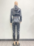 Sexy PU Leather Lapel Zipper Two Piece Pant Set