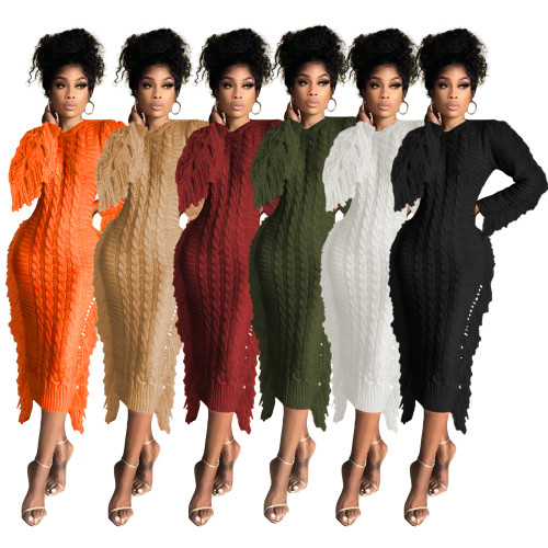Winter Solid Color Long Sleeve Fringed Sweater Dress