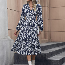 Casual Long Sleeve V Neck Printed Midi Dresses