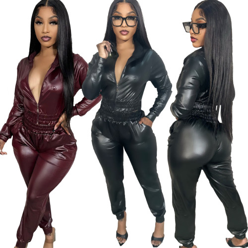 Sexy PU Leather Lapel Zipper Two Piece Pant Set