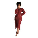 Winter Solid Color Long Sleeve Fringed Sweater Dress