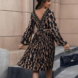 Casual Long Sleeve V Neck Printed Midi Dresses