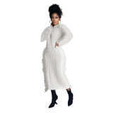 Winter Solid Color Long Sleeve Fringed Sweater Dress