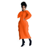 Winter Solid Color Long Sleeve Fringed Sweater Dress