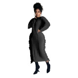 Winter Solid Color Long Sleeve Fringed Sweater Dress