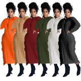 Winter Solid Color Long Sleeve Fringed Sweater Dress