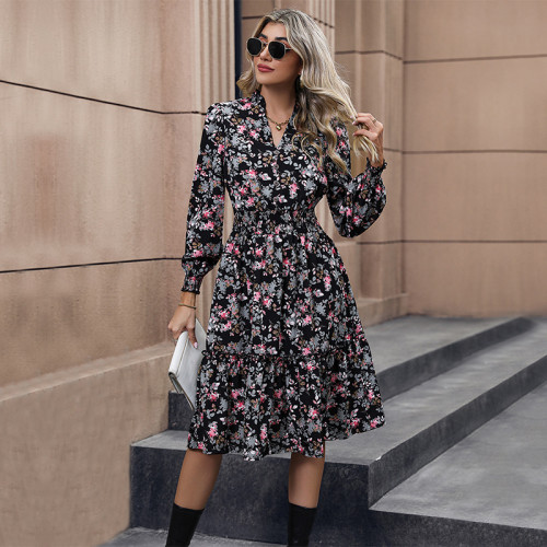 Ladies Spring Fashion Pleated Tunic V Neck Print Long Sleeve Dress Fall Long Sleeve Dresses for Women