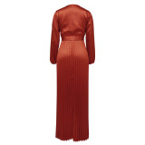 Women Autumn Sexy Long Lantern Sleeve V Neck Maxi Ruched Dress