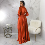 Women Autumn Sexy Long Lantern Sleeve V Neck Maxi Ruched Dress