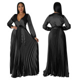 Women Autumn Sexy Long Lantern Sleeve V Neck Maxi Ruched Dress