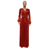 Women Autumn Sexy Long Lantern Sleeve V Neck Maxi Ruched Dress