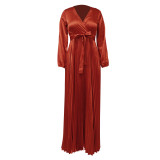 Women Autumn Sexy Long Lantern Sleeve V Neck Maxi Ruched Dress
