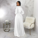 Women Autumn Sexy Long Lantern Sleeve V Neck Maxi Ruched Dress