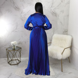 Women Autumn Sexy Long Lantern Sleeve V Neck Maxi Ruched Dress