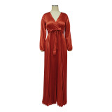 Women Autumn Sexy Long Lantern Sleeve V Neck Maxi Ruched Dress