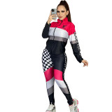 Casual Long Sleeves High Neck Zipper 2 Piece Printed Trousers Set
