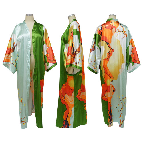 Summer Cardigan Satin Open Front Long Kimono Swimsuit Cover Ups Imitation Silk Robe Plus Size