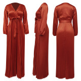 Women Autumn Sexy Long Lantern Sleeve V Neck Maxi Ruched Dress