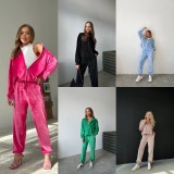 Casual Velvet Zipper Long Sleeves Pockets Sweatshirts Two Pieces