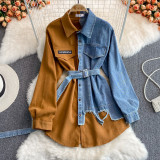 Denim Patchwork Spring Autumn Irregular Long Sleeve Women Dress with Belt