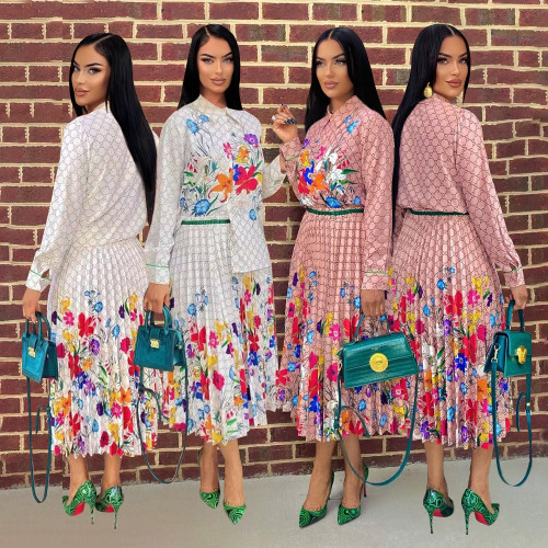 Casual Chiffon Long Sleeve Shirt Mid-length Pleated Skirt Two Piece Set