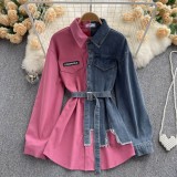 Denim Patchwork Spring Autumn Irregular Long Sleeve Women Dress with Belt